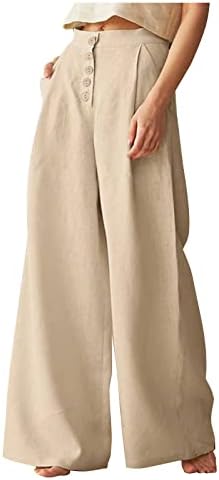 נשים כותנה פשתן פלאצו פלאצו רחב רגליים עם כיסים מכנסי טרקלין כפתור זורמים רופפים מכנסיים קרקעיות שקיות מזדמנים מכנסיים.