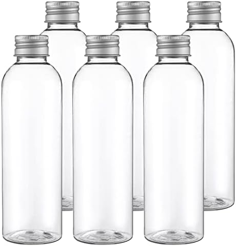 מרכך המוטון 6 חבילה 200 מיליליטר בקבוקי פלסטיק עם כובעי אלומיניום, בקבוקי מים צלולים לשימוש חוזר, מיכלים למיצים, רוטב לסלט בקבוקי נסיעות בקבוקי נסיעות בקבוקי נסיעות