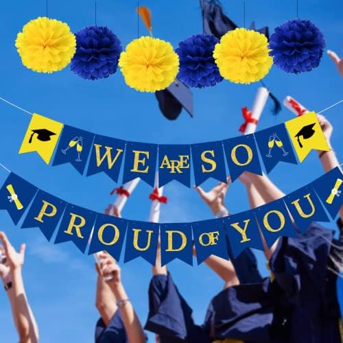 קישוטים למסיבות סיום כחול וצהוב 2023 אנחנו כל כך גאים בכם באנר מזל טוב לקישוטים למסיבות סיום מכללת באנר 2023 קישוטים למסיבת סיום כחול וזהב