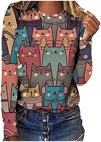 נשים חתול מודפס סוודר בנות חמודות צוות צוואר שרוולים ארוכים חולצות טשטורות אופנה חולצות קלות חולצות רגילות