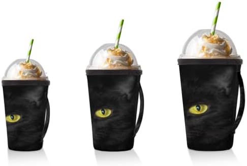 עיני חתול שחורות שרוול קפה קרות לשימוש חוזר עם שרוול כוס ניאופרן ידית לסודה, לאטה, תה, משקאות, בירה