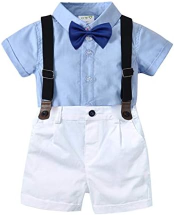 בנים תינוקות ג'נטלמן תלבושת בנים קטנים פורמליים סט קצרים פעוט חולצה שרוול קצר+מכנסי מתלה+עניבת פרפר 4 יחידות