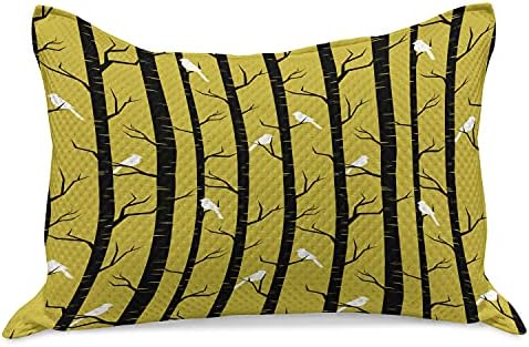 כיסוי כרית שמיכה סרוג צהוב סרוג, יער עיצוב מודרני בסגנון Artdeco עם ציפורים ועצים הדפס אמנות, כיסוי כרית בגודל קווין סטנדרטי לחדר שינה, 30 x 20, שחור לבן וענבר