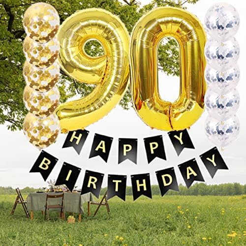 קישוט יום הולדת 90 יום הולדת שמח יום הולדת שחור באנר שחור בלון מסיבה בת 90 ציוד ליום 40 אינץ
