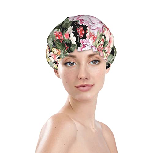 פרחי אדמונית רוז כובע מקלחת מודפס, כובעי אמבטיה לשימוש חוזר למים לנשים, גברים, בנים וסלון ספא בנות