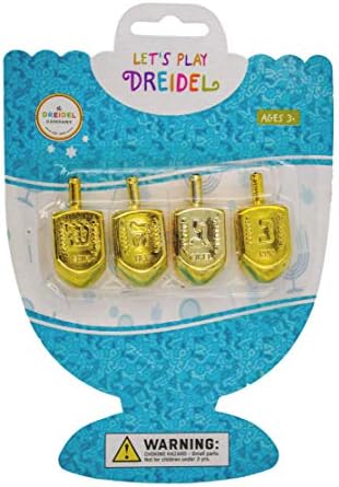 חנוכה מפלסטיק זהב זהב מתכתית דריידלס עם אותיות ותעתיק אנגלית - שלפוחית ​​4 -חבילות