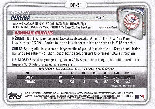 2020 Bowman Prospects Paper Baseball BP-51 Everson Pereira New York Yankees הרשמי הראשון הראשון באומן MLB כרטיס מסחר מחברת Topps במצב גולמי