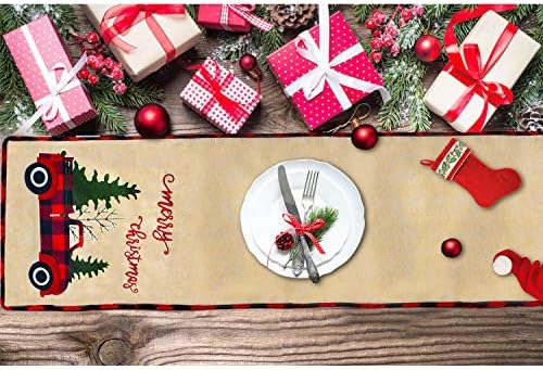רץ שולחן חג המולד של Senneny Burlap, חג שמח רקום, עץ משאית אדומה רץ שולחן חג המולד לחג המולד לחג חג המולד שולחן יום הולדת שולחן בית, 14 x 72 אינץ '