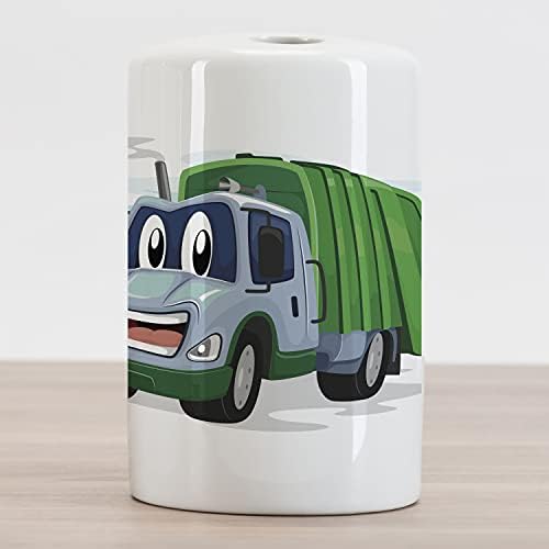 משאית זבל של אמבסון מחזיק מברשת שיניים, איור מצויר של קמע קמע של רכב זבל עם חיוך משונה נושא מצחיק, משטח הדקורטיבי למגוון חדר אמבטיה, 4.5 x 2.7, רב צבעוני