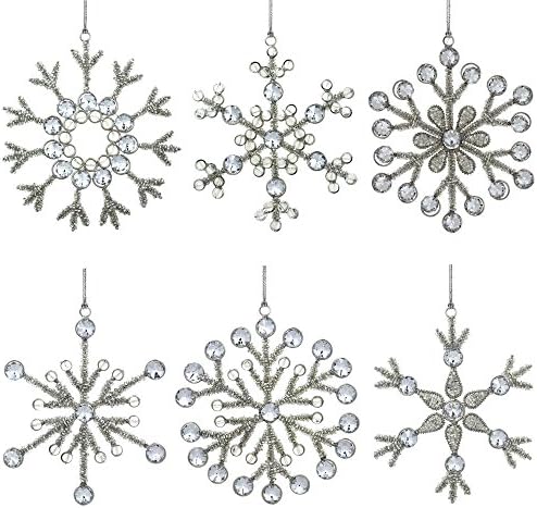 סט אג'וני של 6 זכוכית ברזל של פתית שלג בעבודת יד וחרוזי פלסטיק תליון עץ חג המולד קישוטים קישוטים מתנות 6 אינץ '