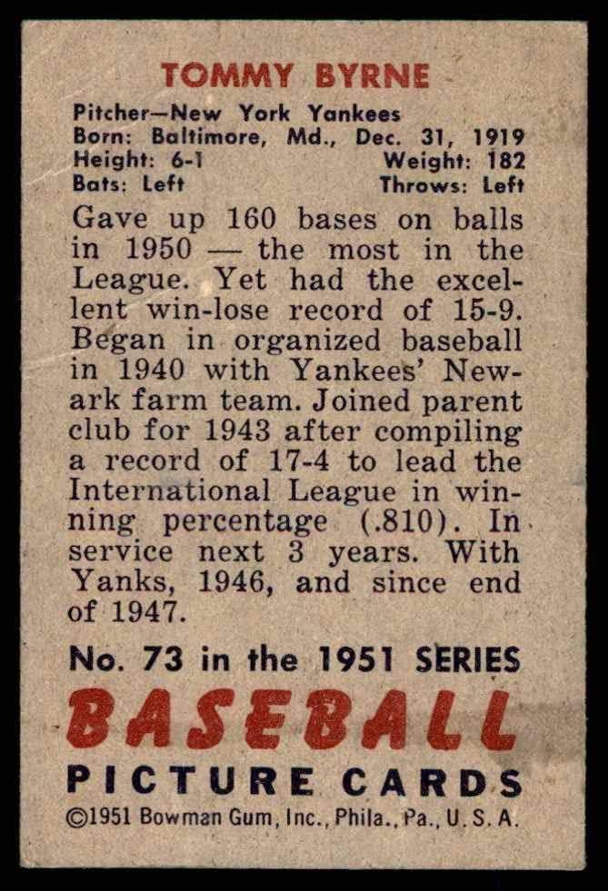 1951 Bowman 73 טומי ביירן ניו יורק ינקי vg Yankees
