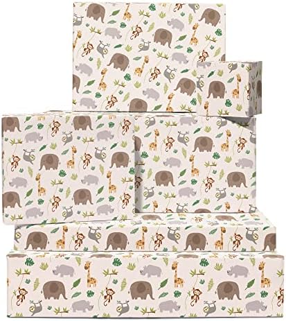 23 תינוק בעלי החיים גלישת נייר-6 ניטראלי מתנה לעטוף גיליונות-קוף פיל ג ' ירפה-עבור יום הולדת תינוק מקלחת בני בנות-מגיע עם כיף מדבקות-למחזור