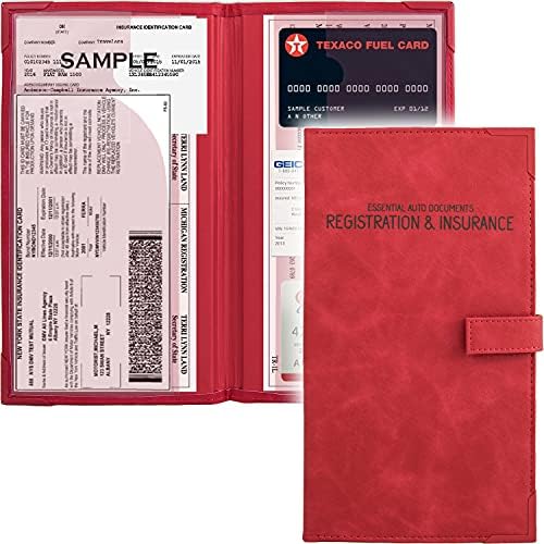 מחזיק כרטיסי ביטוח רכב ורישום - מארגן מסמך תיבת כפפות רכב - מחזיק ניירת חיוני לרכב עבור DMV, AAA, כרטיסי מידע ליצירת קשר - מארז ארנק עור PU פרימיום - אדום