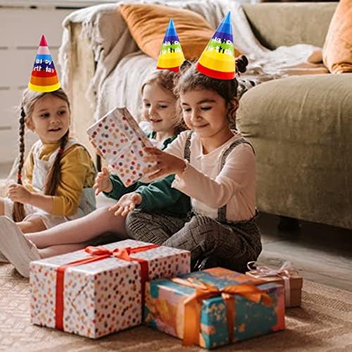 Blmhtwo 12 חלקים כובעי מסיבת יום הולדת לקשת, כובעי מסיבות לילדים למבוגרים כובעי יום הולדת עם 4 הדפסים שונים וחבלים אלסטיים לבנים נייר נייר חרוט צבעוני חמוד כובעי יום הולדת שמח חמוד לציוד מסיבות
