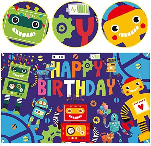 תפאורת מסיבת יום הולדת לרובוט יום הולדת שמח צילום תפאורה 5.9x3.6ft רקע צילום רובוט לרובוט ציוד למסיבת יום הולדת ציוד למסיבות רובוט
