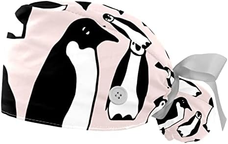 2 מחשבים אחות קרצוף כובעים נשים שיער ארוך, דפוס פינגווינים כובע עבודה מתכוונן עם כפתור ורצועת זיעה