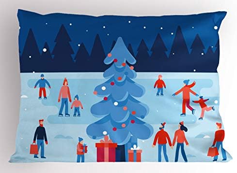 גלגיליות קרח של אמבסון כרית בושה, עץ חג המולד בחורף אנשים מאושרים וסצנת מצוירת מזג אוויר מושלג, ציפית דקורטיבית בגודל סטנדרטי, 26 x 20, צבעי צבע כחול בהיר