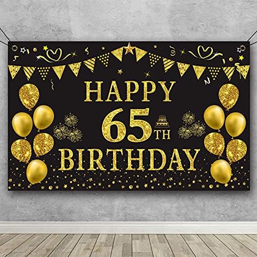 סט קישוטי יום הולדת 65 של טרגוול כולל רקע שחור וזהב בגודל 5.9 על 3.6 רגל, באנר ליום הולדת, 24 כלי אוכל לאורחים, בלוני לטקס ומספר